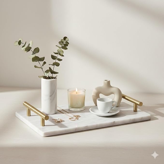 Queenza White Marble Decorative Tray with Gold Handles (12 x 8 Inch) | Luxury Stone Vanity Tray for Bathroom, Kitchen Counter, Coffee Table & Dresser Organization