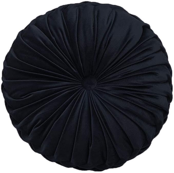 Teieas Round Throw Pillow Velvet Home Decoration Pleated Round Pillow Cushion for Couch Chair Bed Car Black
