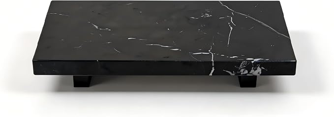 Small Black Marble Soap Dispenser Pedestal Tray 9.84 in | Stone Pedestal Tray for Bathroom Counter, Vanity Riser for Perfume, Jewelry, Candles and Dresser Decor