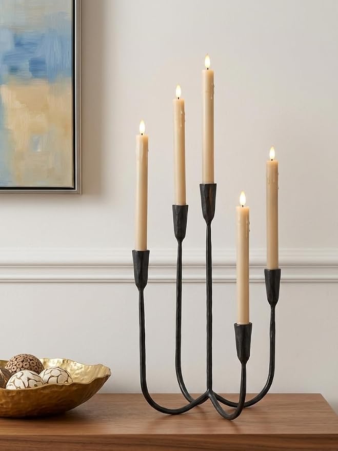 Denique 5-Arm Cast Iron Candelabra with LED Flameless Taper Candles and Remote, Tall Metal Vintage Candle Holder Centerpiece for Dining Table, Wedding and Event Decor, Black