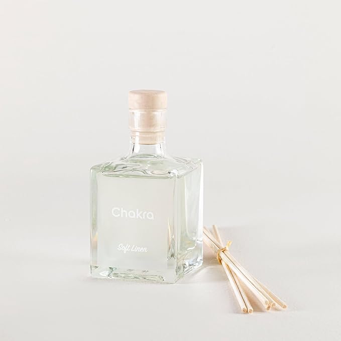 Chakra Reed Diffuser Set - Reed Diffusers for Home, Office and Living Spaces with Long-Lasting Fragrance, Scent Diffuser with Decorative Glass Bottle & Bamboo Sticks, 3.3 fl oz, Soft Linen