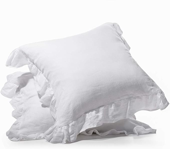 meadow park Stone Washed French Linen European Pillow Sham, Set of 2 Pieces, 26 inches x 26 inches Square Euro Sham, Super Soft, Ruffled Style, White Color