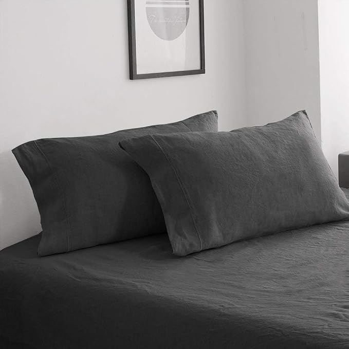 100% French Linen Pillowcases with Embroidery - Pack of 2 - Washed Solid Color Natural Flax Soft Breathable - Dark Grey, 20'' x 40''