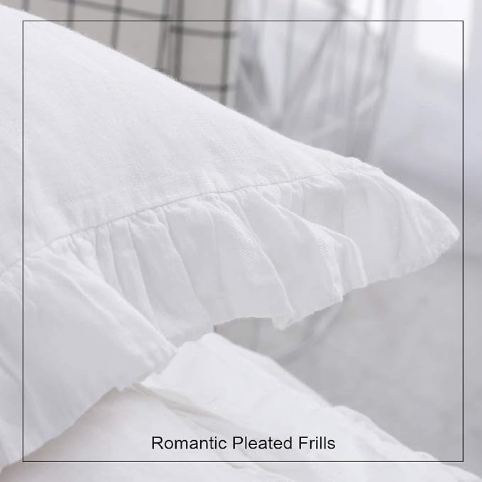 100% French Linen Throw Pillow Covers - Set of 2 - Washed Flax Decorative Ruffled Square Cushion Cover Solid Color Soft Breathable - White, 18'' x 18''