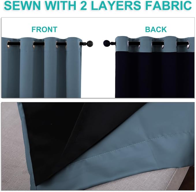 NICETOWN 100% Blackout Curtains 54 inches Long, Smoky Blue, 1 Pair, 42 inches Width Each Panel, 2 Thick Layers Completely Blackout Window Treatment Thermal Insulated Lined Drapes for Small Window