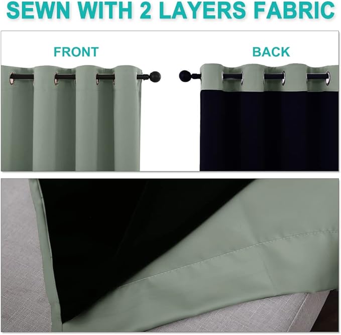 NICETOWN 100% Blackout Window Curtain Panels, Full Light Blocking Drapes with Black Liner for Nursery, 72-inch Drop Thermal Insulated Draperies (Greyish Green, 2 Pieces, 62-inch Wide Per Panel)