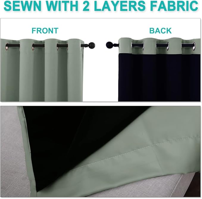 NICETOWN Greyish Green 100% Blackout Lined Curtains, 2 Thick Layers Completely Blackout Window Treatment Thermal Insulated Drapes for Kitchen/Bedroom (1 Pair, 62" Width x 63" Length Each Panel)