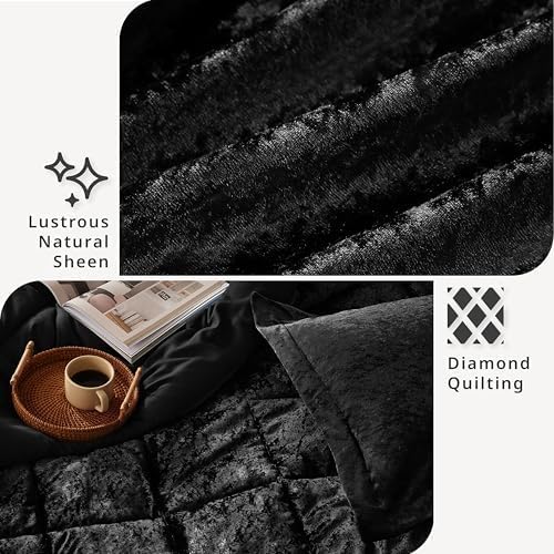 Intelligent Design Queen Duvet Cover Set, Velvet Queen Duvet Set, Luxury Diamond Quilting Black Duvet Cover, Fluffy Duvet Cover with Decorative Pillow and 2 Shams, 4 Pieces, Black, Full/Queen