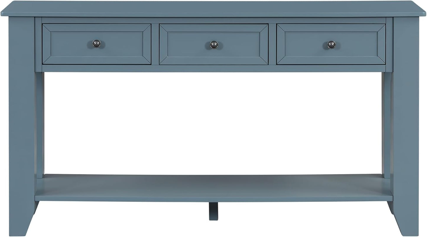 Farmhouse Modern Entryway Console Table 55.4'' Long Entry Sofa Table with Drawers & Storage Shelf for Living Room Hallway, Blue