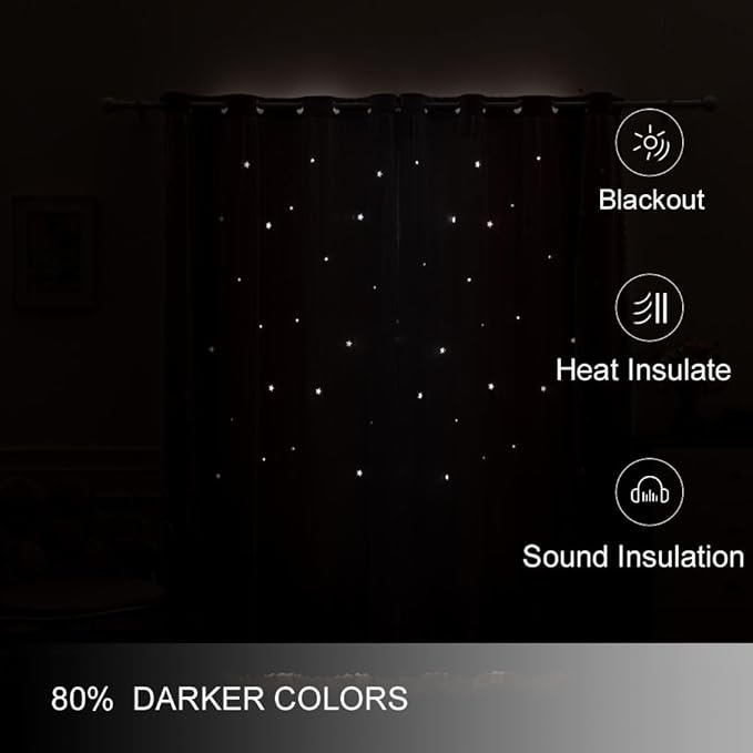 FANLI 95 Inch Length Star Cut Out Blackout Pink Curtains for Kid Girls Bedroom Ombre Rainbow Gradient Darking Double Layer with Sheer Overlay Decor (Pink White 95)