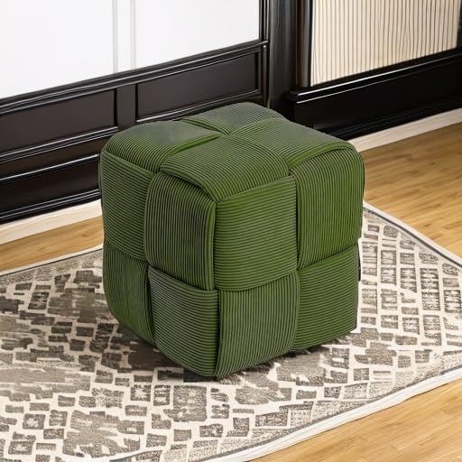 Cmishe 15" Square Woven Corduroy Ottoman Footrest - Modern Vanity Stool for Living Room & Entryway, Eco-Friendly Wood Frame, No Assembly (Green)