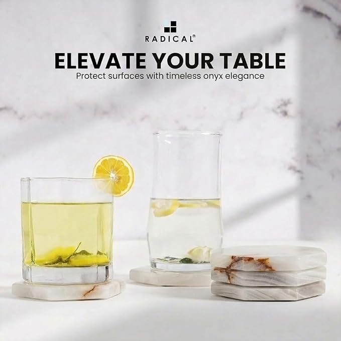 Radicaln Marble Coasters Set of 6 Handmade 3.5" Inch White Onyx Star Coasters for Drinks, Ideal Coaster Set for Dining & Coffee Tables