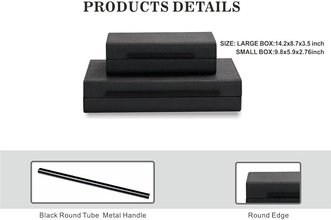 KIngflux Shagreen Decorative Boxes Set of 2-Modern Faux Leather Jewelry Orgazier, Engineered Wood Keepsake Boxes With Black Metal Handles for Home Decor Living Room Console Table, Gift (Black)