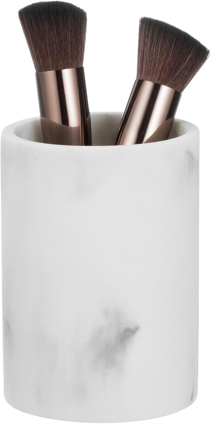 mDesign Printed Resin 3-Piece Bathroom Vanity Countertop Accessories - Soap Dispenser, Tumbler Rinsing Cup, and Canister Holder Sets - Complete Modern Counter Aesthetic - Set of 3 - Marble