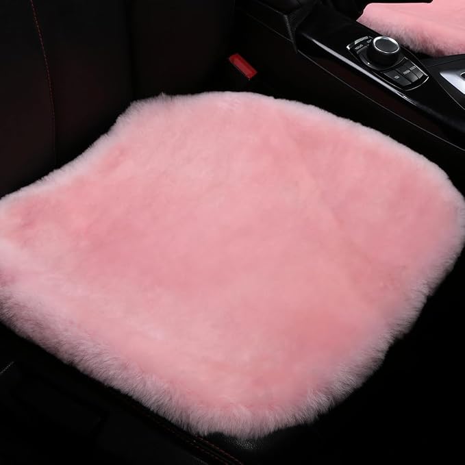 OGLAND Fuzzy Genuine Sheepskin Car Seat Cover for Women Cushion Auto Interior Accessories with Soft Fluffy Wool Natural Fur, Pink, 20 * 20inchs