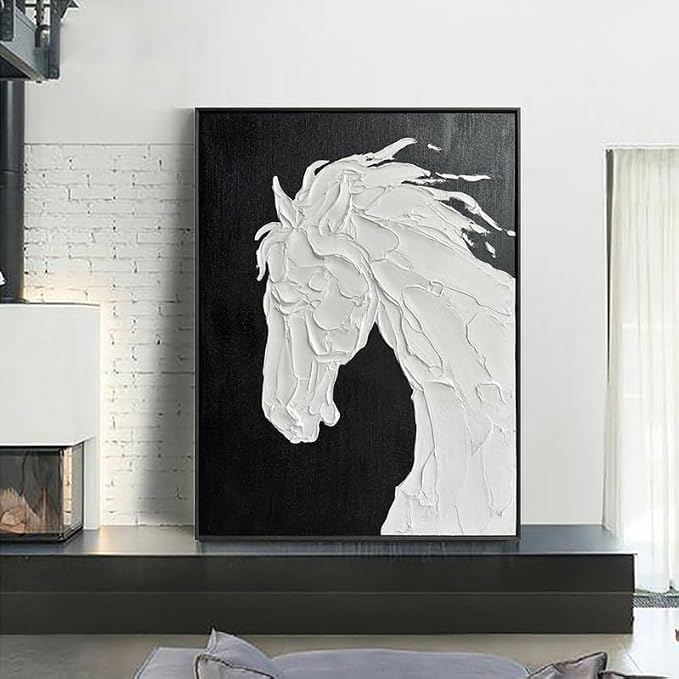 Sofoney - Black Framed Black and White Textured Wall Art Hand Painted 3D Plaster White Horse Oil Painting Modern Minimalist Canvas Wall Decor for Living Room Bedroom - 24"x32"