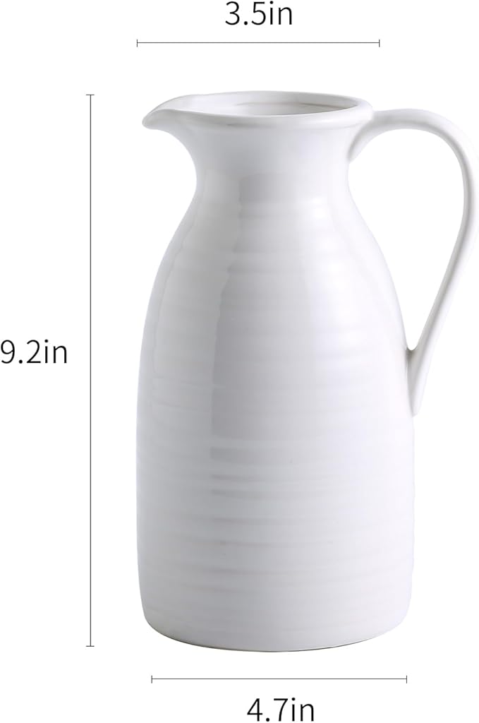 hjn Farmhouse Pitcher Vase for Flowers- Ceramic Pitcher White Flower Vase for Your Kitchen/Home Decor/Office/Living Room/Bookshelf/Mantel/-White
