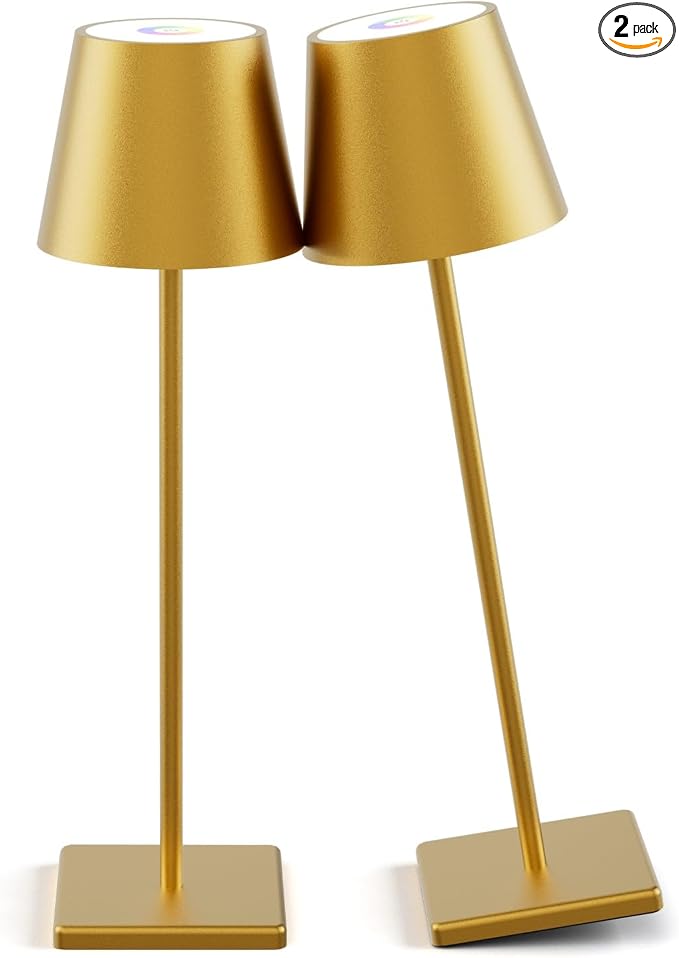 2-Pack LED Cordless Table Lamp 5000mAh Rechargeable Battery Operated Stepless Dimmable Portable Lamp for Restaurant, Bedroom, Outdoor (Gold)
