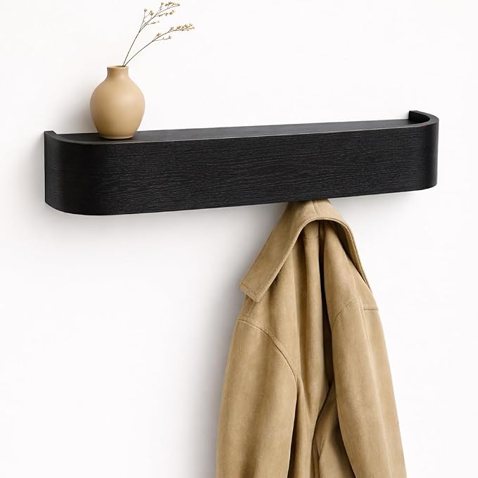 MTZ Solid Wooden Wall Mounted Coat Rack with Shelf & 5 Hidden Hooks – Modern Entryway Coat Hanger, Wood Coat Rack for Jackets, Bags & Keys, Minimalist Wall Hook Rack (Black)