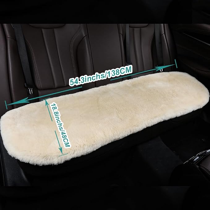 OGLAND Fuzzy Genuine Sheepskin Car Rear Seat Covers for Kids Dogs Pets Auto Fluffy Back Cushions Interior Accessories with Soft Wool Natural Fur, Pearl