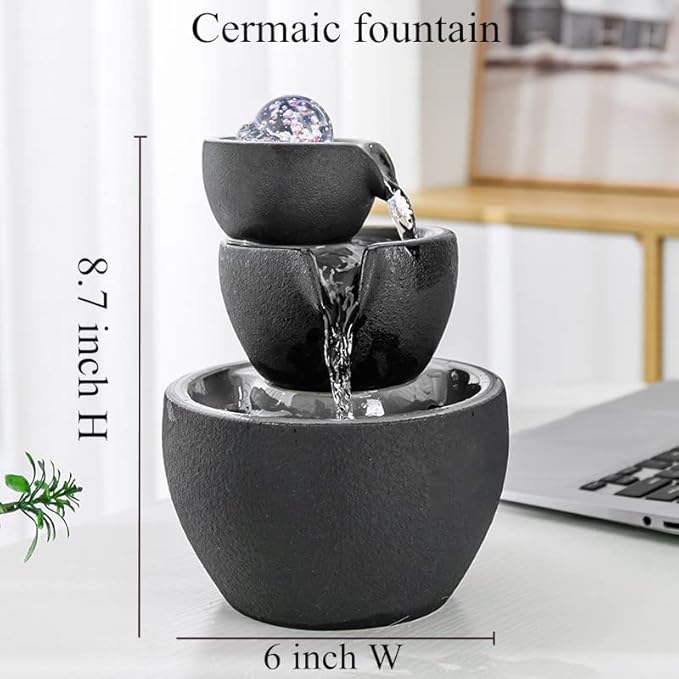 Ceramic Tabletop Fountain with Ball for Indoor Table Desk Office and Home Decoration (Black)
