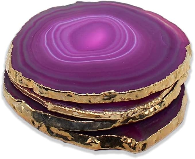 Nature's Decorations Pink Gold Rimmed Agate Stone Coasters - Set of 4, Polished Geode Drink Mats for Dining & Coffee Table & Kitchen Geode Decor Non-Toxic 3.5-4" Diameter