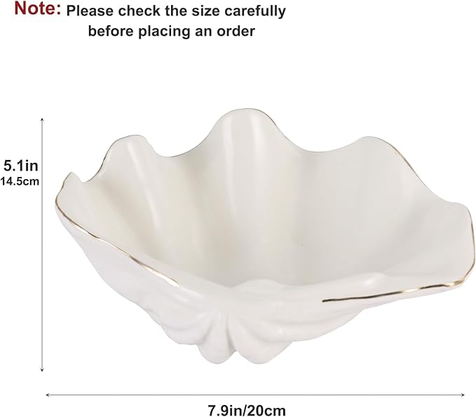 White Shell Decorative Bowl – 7.9" Clam Shell with Gold Rim, Coastal Centerpiece for Bathroom Vanity, Entryway, or Living Room, Jewelry Holder, Key Tray, Fruit Bowl, Beach House Decor