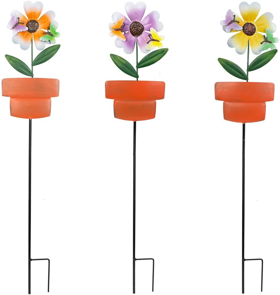 Metal Garden Stakes Decor,3 Pack Flowers Pot Decorative Garden Stakes, Waterproof Spring Outdoor Decor,Metal Flowers Garden Decor for Outside,Lawn,Yard,Pathway