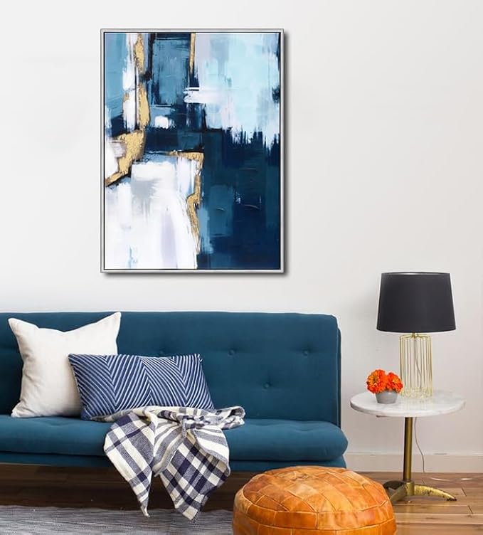 Sofoney - Hand Painted Blue and Gold Abstract Canvas Wall Art Heavy Textured Blue and White Wall Decor with Gold Foil for Living Room Bedroom - 24"x32", Silver Framed