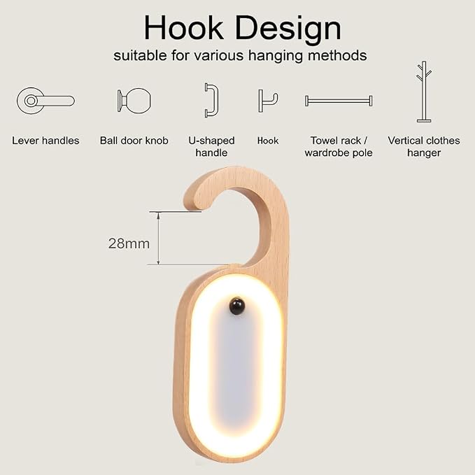 2-Pack Hotel Door Sign Night Light with Motion Sensor, Reusable Message Board Doorknob Lamp, Wooden Finish LED Light for Bedroom Bathroom, Rechargeable Hook Design, Ideal for Multiple Rooms