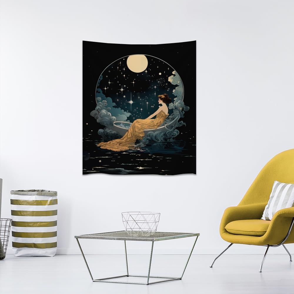 Dark Academia Tapestry Celestial Moonlit Bathing Lady Print Trendy Aesthetic Gothic Wall Hanging Vintage Art Nouveau Tapestries Wall Decor for Bedroom Living Room Dorm 30x40inch