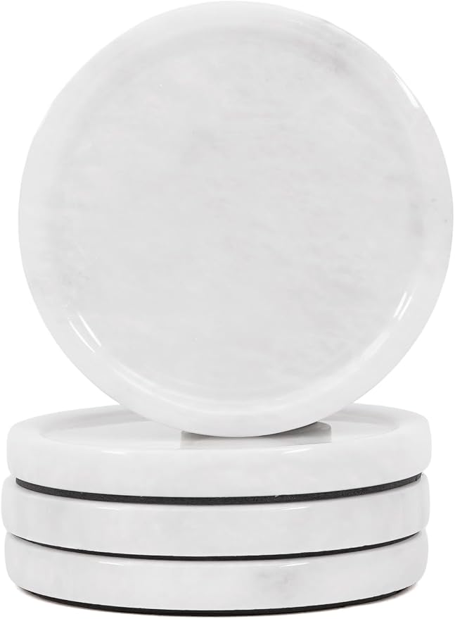Marble Coasters Set of 4 for Drinks Countertop 4 Inches Round White Stone Drink Coaster for Kitchen Counter, Ideal for Home Decor House Warming Gifts