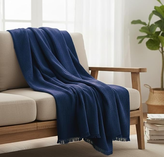 KyraHome 100% Organic Cotton Throw Blankets for Couch, Muslin Blankets for Adults, 60"x80", Plant Dyed Breathable Lightweight Summer Blankets, All Season (Navy Blue)