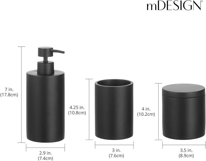 mDesign Resin 3-Piece Bathroom Vanity Countertop Accessories - Soap Dispenser, Tumbler Rinsing Cup, and Canister Holder Sets - Complete Modern Counter Aesthetic - Set of 3 - Black