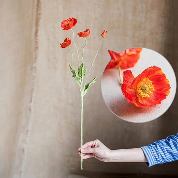 DUYONE Artificial Flowers 6 Stems Poppy Silk Bouquet,for Wedding, Home, Party Decoration,Table Centerpiece Arrangement(Dark Orange)