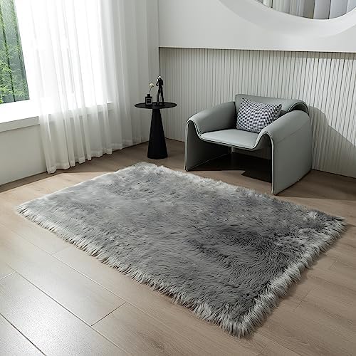 Faux Fur Rug Grey Sheepskin Area Rug,Ultra Soft 4x6 ft Rectangular Shaggy Plush Rug for Bedroom Sofa Floor Bedside Living Room Kids Room