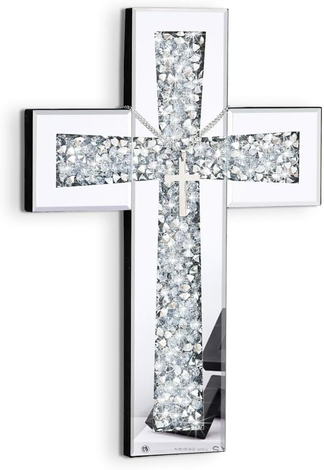 Aeveco Cross Wall Decor, Silver Mirrored Cross for Living Room, Crystal Crush Diamond Mirror Crosses, Religious Wall Art, Home Decor