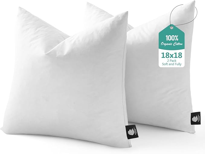BPC Luxury Feather Down 18x18 Pillow Inserts Set of 2, Soft Fluffy Throw Pillow Inserts, 100% Organic Cotton Cover, Square Pillows for Couch, Living Room, Bed, Sofa