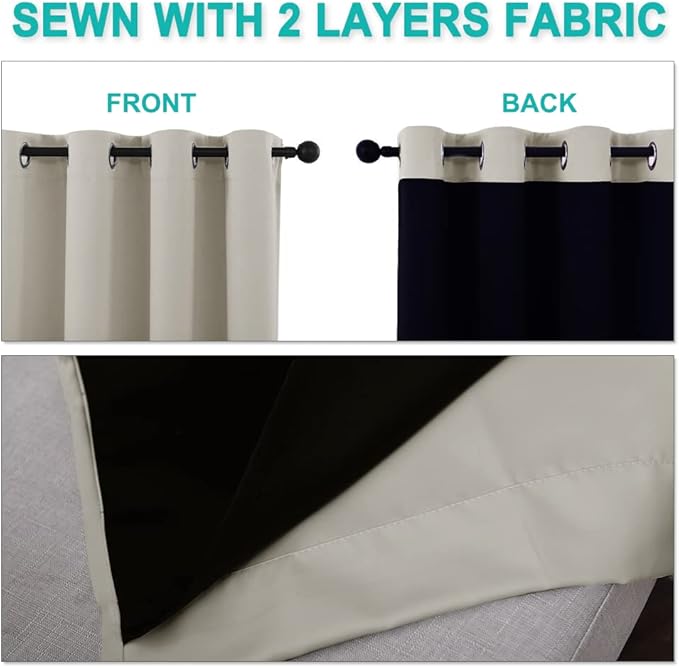 NICETOWN Natural 100% Blackout Curtains 45 inches Long, 2 Thick Layers Completely Blackout Window Treatment Thermal Insulated Lined Drapes for Small Window (1 Pair, 42 inches Width Each Panel)