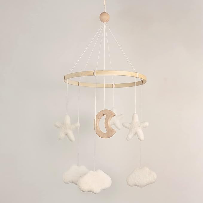 Mobile for Crib - Baby Mobile for Crib - Baby Crib Mobile - Crib Mobile for Girls, Boys - Baby Mobile for Bassinet - Gender Neutral Color Theme - Felt Cloud, Felt Star, Wood Moon