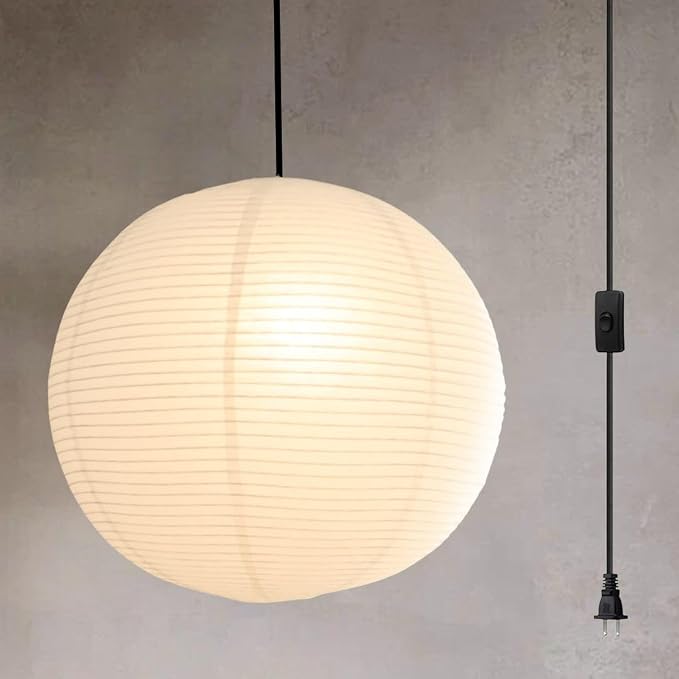 Nogy Japanese Style Lantern Pendant Light - Off White Rice Paper Pendant with Cord Plug in (15ft) 29.5 in