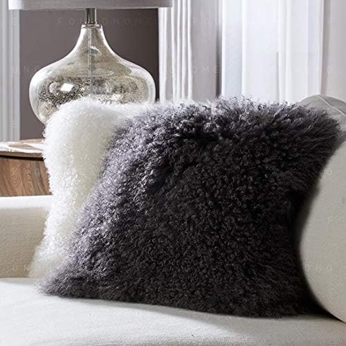 Real 100% Tibetan Mongolian Lamb Sheepskin Wool Fur Throw Pillow Covers Super Soft Plush Leather Accent Pillowcases Decorative Cushion Cover (Dark Gray, 18x18inch)