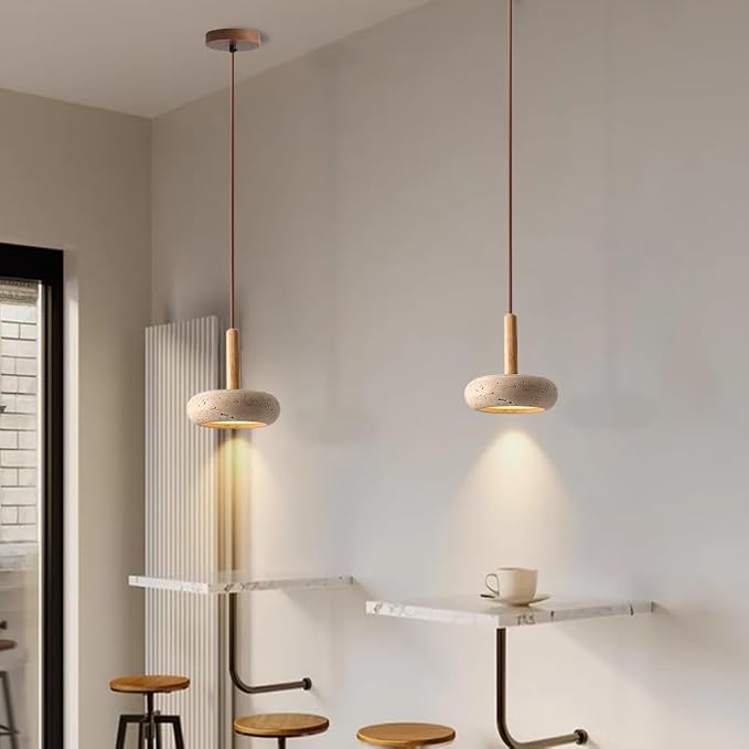 Wabi Sabi Pendant Light, 5.9" Yellow Travertine Pendant Light with Round Natural Stone Shade, Nordic Wood Pendant Lamp for Bedroom Bedside Light Living Room Kitchen Island Entryway Hallway
