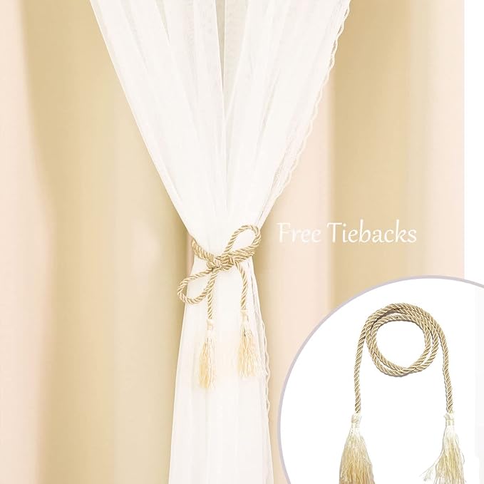 Beige Blackout Curtains with Sheer 54 Inches - Double Layered Short Blackout Curtains with Voile Sheer Drapes for Kids/Girls Bedroom Nursery Living Room, Biscotti Beige, 2 PCs