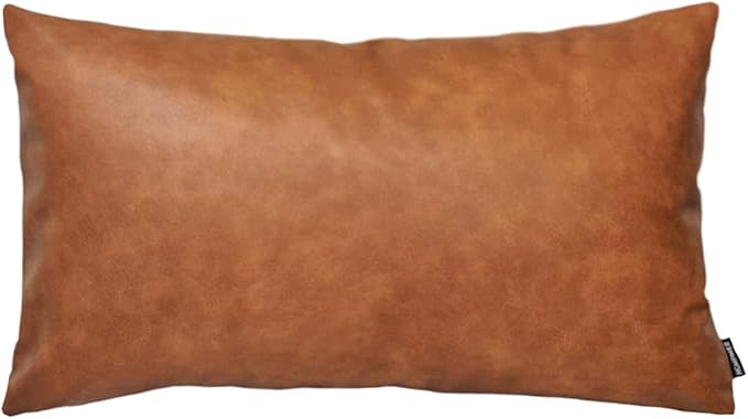 Faux Leather Lumbar Throw Pillow Cover 12x20 Decorative Bedroom Living Room Modern Boho Accent Rectanglar Cognac Brown Small Cushion Case for Bed Sofa Couch