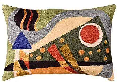 Lumbar Cushion Cover Hand Embroidered Wool 13x21 (Green Composition Lumbar Pillow Cover)