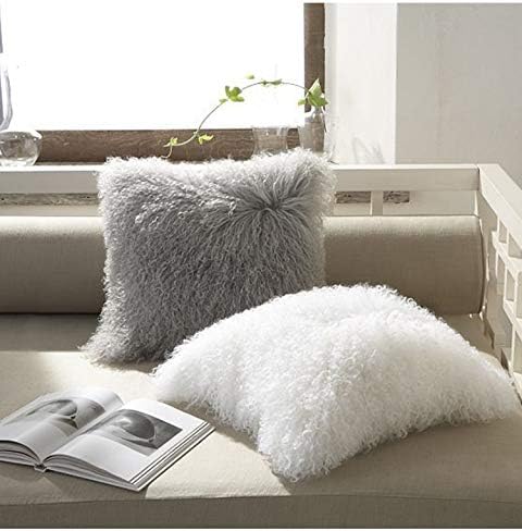 Real 100% Tibetan Mongolian Lamb Sheepskin Wool Fur Throw Pillow Covers White 26x26 Inch, Super Soft Plush Leather Accent Pillowcase Decorative Cushion Cover for Living Room Bedroom