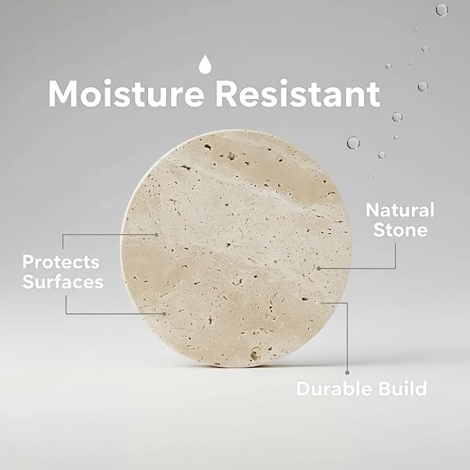Beige Travertine Coasters Set of 4, Non-Slip Cork Backing, Natural Stone Coaster for Drinks, Anti-Slip Round Artisanal Travertine Coaster for Kitchen Counter and Coffee Table (Round)
