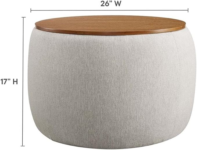Modway Perla 26 Inch Round Storage Ottoman with Tray Lid in Ivory Fabric -Heathered Fabric Ottoman - Versatile Footrest - Woven Coffee Table - Side Table - for Living Room