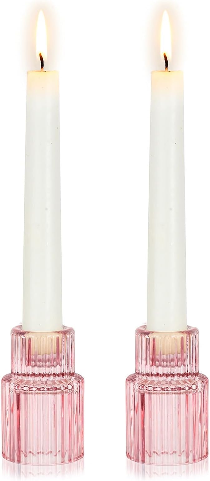 Hewory Glass Pink Candle Holder: 2PCS Valentines Taper Candle Holders for Table Centerpiece, Tapered Candlestick Holders for Valentines Day Decorations Gifts Anniversary Wedding Holiday Home Decor